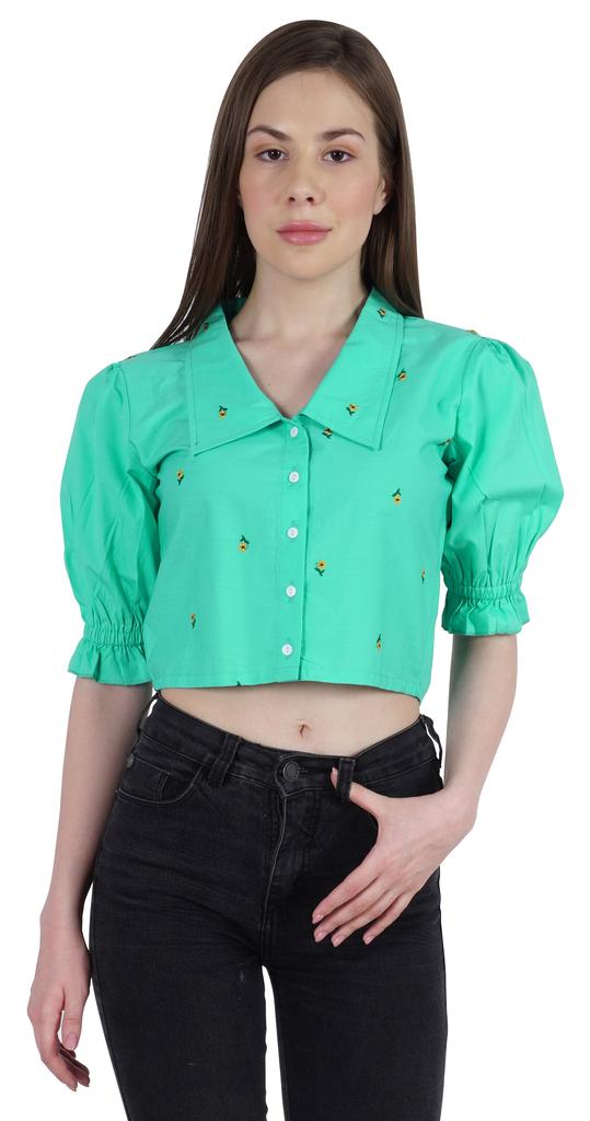 Moomaya Puff Sleeve Crop Top For Women Solid Button Down Collar Designer