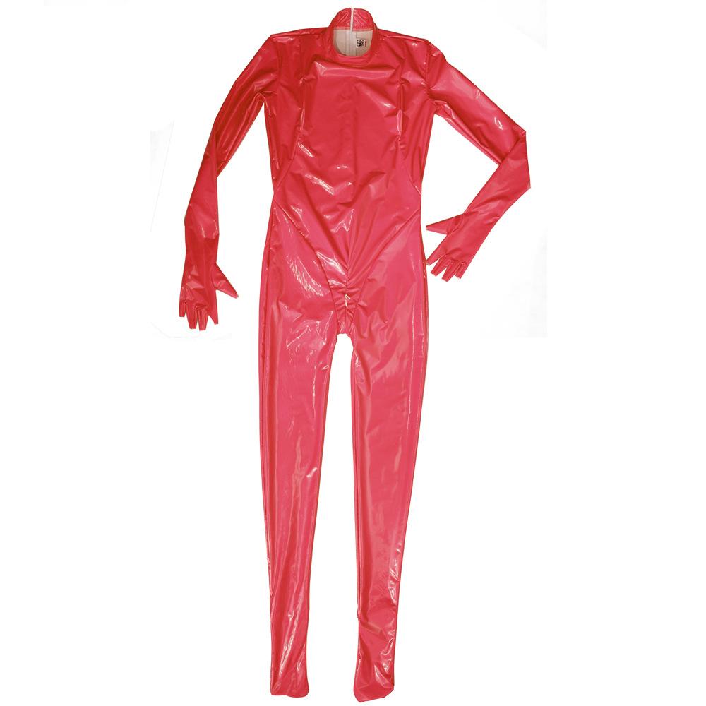 Tuta in Finta Lattice Colore Caramella Bodysuit in PVC Elastico Lucido Guanti a Mezza Dita Collant Sexy Modellante Body con Zip all'Incrotch