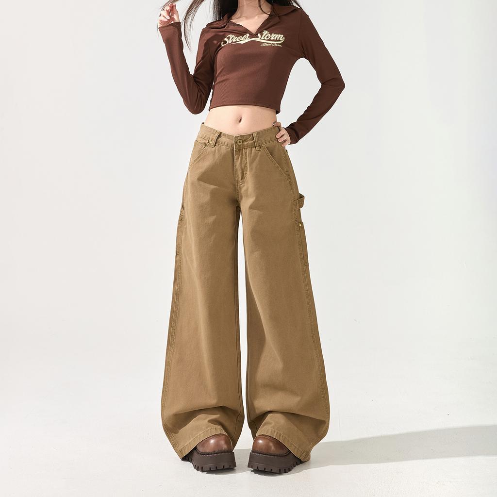 Early spring pure cotton American low-rise casual tooling jeans women's loose deconstruction splicing fashion non-stick leg flared pants