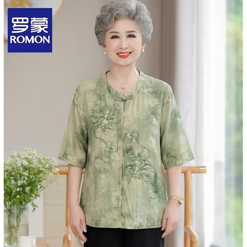 ROMON Women s New Chinese Style Short Sleeve Summer Set 3XL