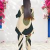 Women Plus Size Beige Dark Green Printed Round Neck Three Quarter Sleeve Asymmetrical Top Long Pants Two Piece Set