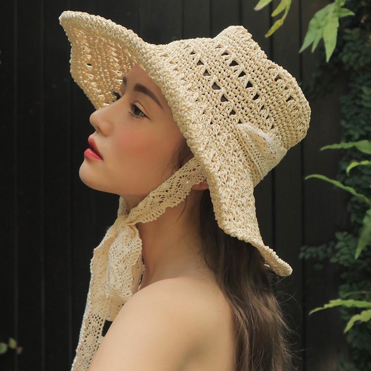 Versatile Style Hat Straw Woven Hollow Lace Strap Womens Sunshade Hatscaps