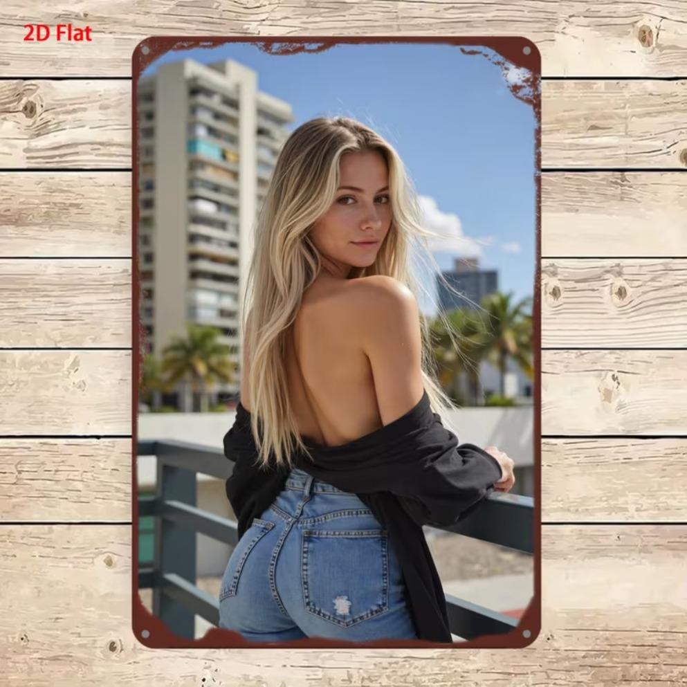 Vertical Metal Tin Sign Blonde Woman Yellow Crop Top Denim Shorts Wildflower Scenery Wall Hanging Decor