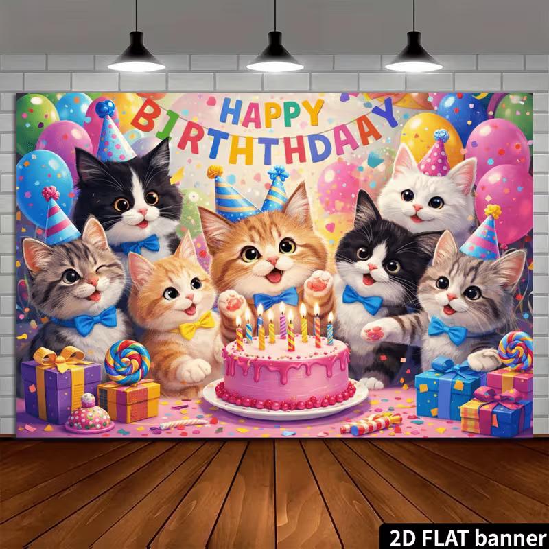 Arazzo di Compleanno 2D con Gatti Carini, Cappelli da Festa, Torta e Palloncini Colorati, Decorazione Murale