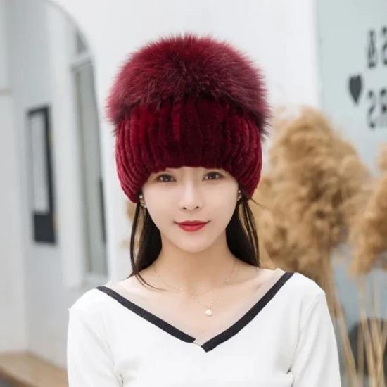 New Outdoor Good Elastic Natural Rex Rabbit Fur Hat Women Winter Knitted Real Sliver Fox Fur Cap Lady Real Fur Hats