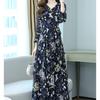 Elegant Floral Print Chiffon Dress Women's Spring Summer French Style V-neck Knee-length Fashionable Empire Waist Dresses