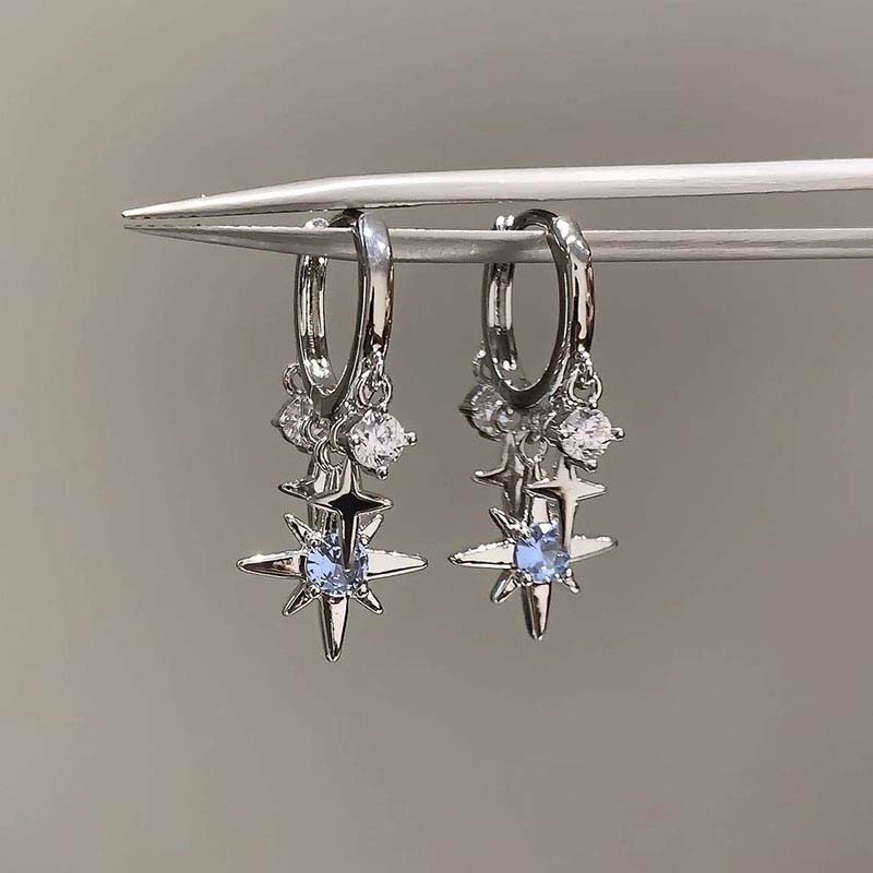Y2K Blue Zircon Eight-Pointed Star Pendant Earrings For Women  Color Star Tassel Ear Buckle Minimalist Design Jewelry Gift
