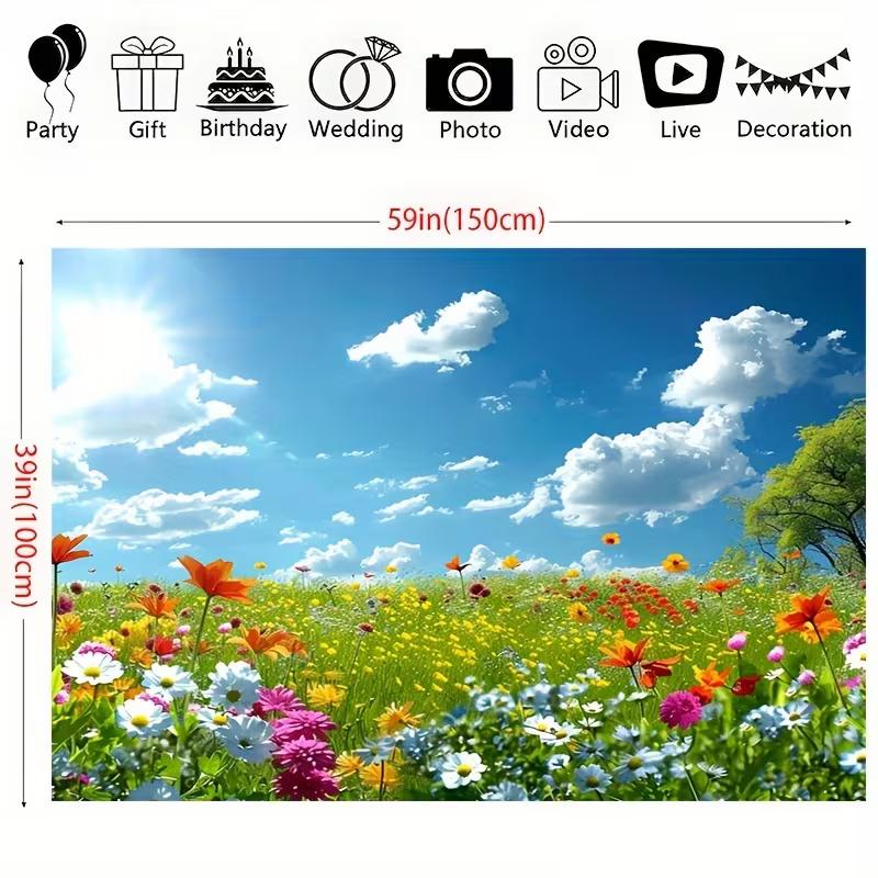 2D Spring Wildflower Meadow Tapestry, Bright Blue Sky & Sun Backdrop