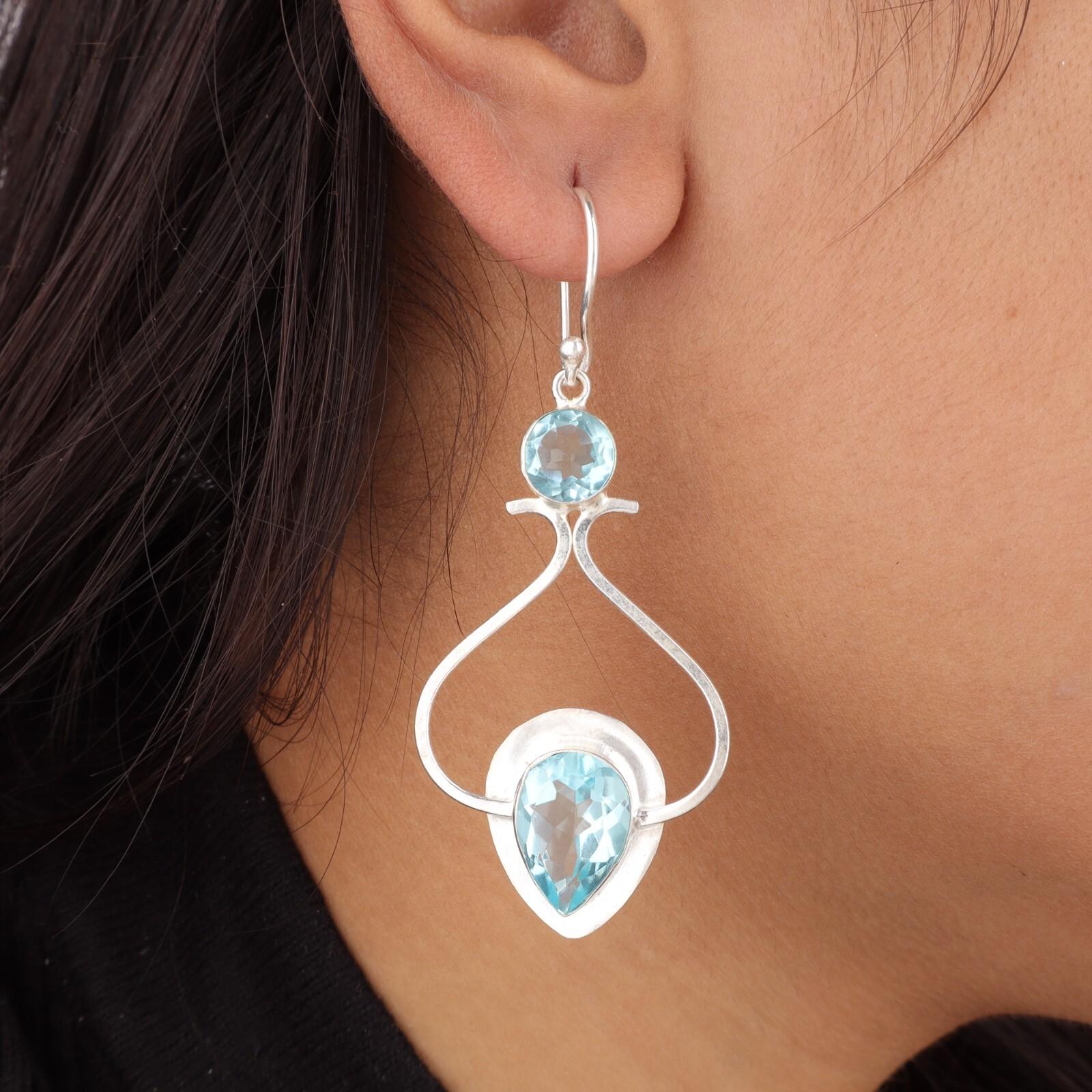 

Натуральный голубой топаз, драгоценный камень, серьги ручной работы из серебра 925 пробы, 2,07 дюйма, для нее EE-170-6