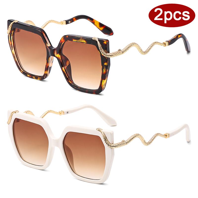 Protective Glasses 2pcs Large Frame Square Sunglasses Women Metal Frame Eyewear Gradient Design Ladies Snake Decoration Glasses