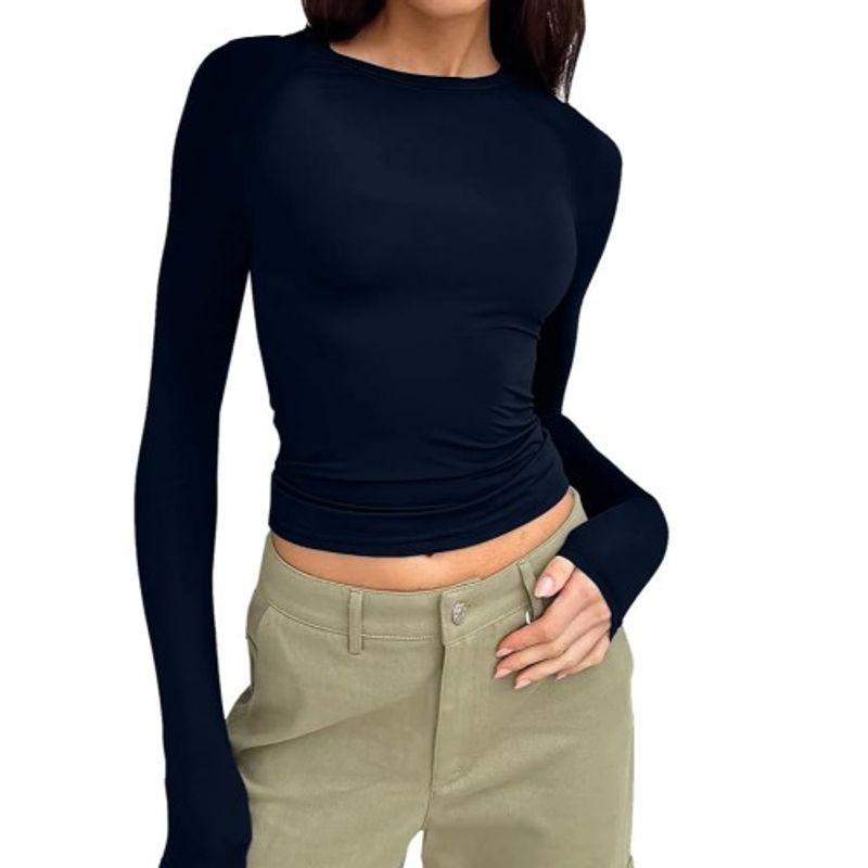 Spring & Fall New Arrival Cross-Border Fashion Round Neck Tight Casual and Comfortable Raglan Long Sleeves T-shirt Pure Color Silm Pullover Base