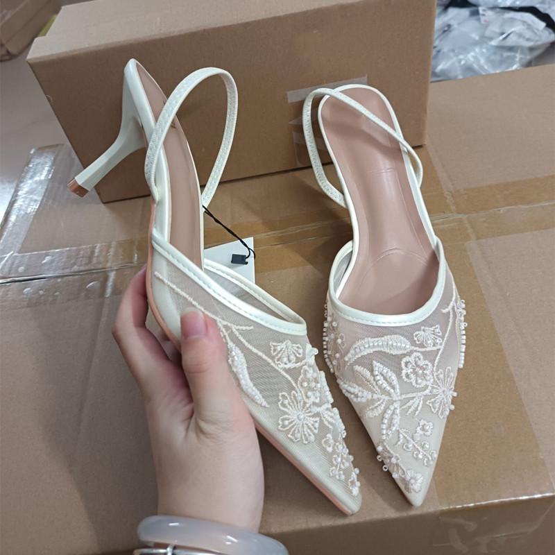 Mesh Flowers Embroided Women Pumps Elegant Pointed toe Beading Thin High heels Summer Slingbacks Ladies Wedding Shoes