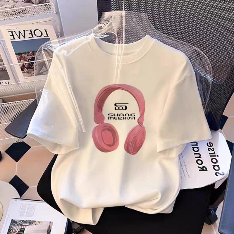 European Black Cotton Short-sleeved T-shirt Women's New Summer Loose Cartoon Printed Front Shoulder T-shirt Top