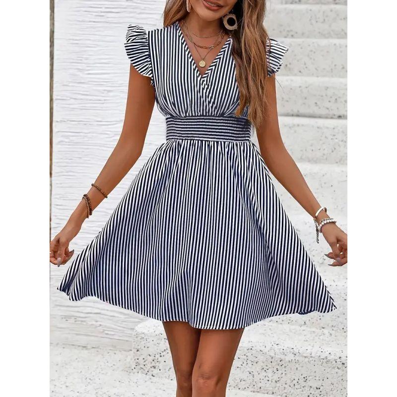 

European and American Women clothes Women s Summer Dress Stripe Flying Sleeves Dress Women s Summer Dress Navy blue XL
