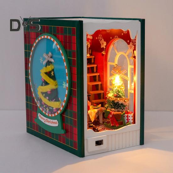 Kit de mini maison à thème de Noël à faire soi-même avec meubles lumineux à LED pour enfants et adultes, petite maison faite à la main, modèle de maison de poupée, serre-livres, étagère, décoration