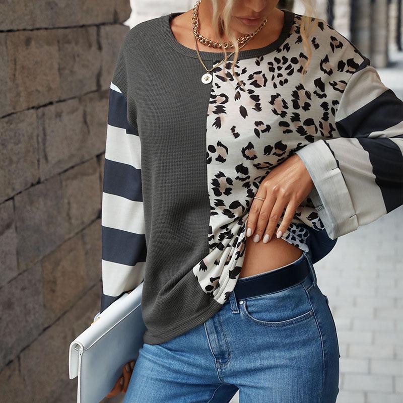 Autumn Women Fashion Leopard Print Patchwork T-shirt Loose Knitted Top