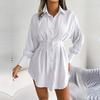 Women Autumn Winter High Waist Asymmetric Dress Shirt Solid Color Lantern Sleeve Lapel Neck Dress
