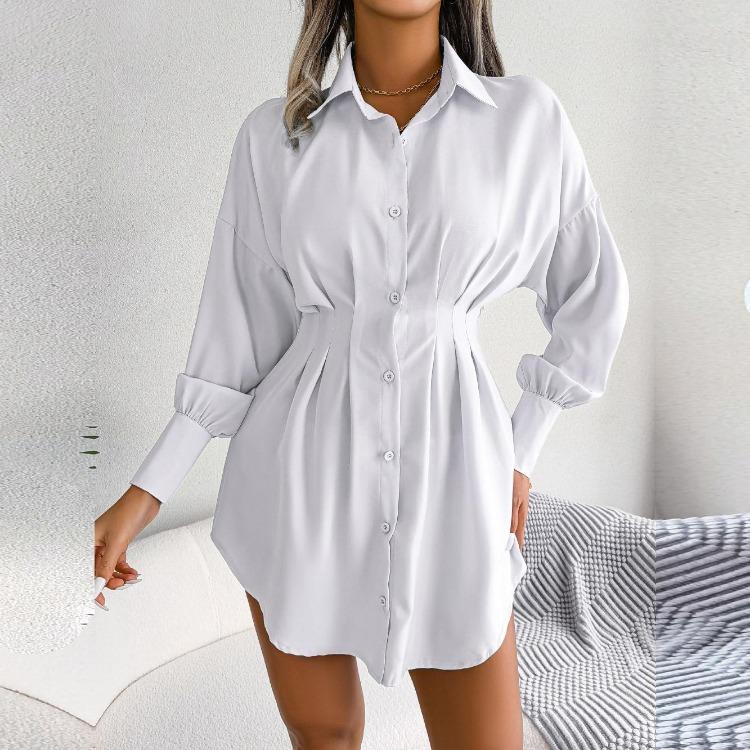 Women Autumn Winter High Waist Asymmetric Dress Shirt Solid Color Lantern Sleeve Lapel Neck Dress