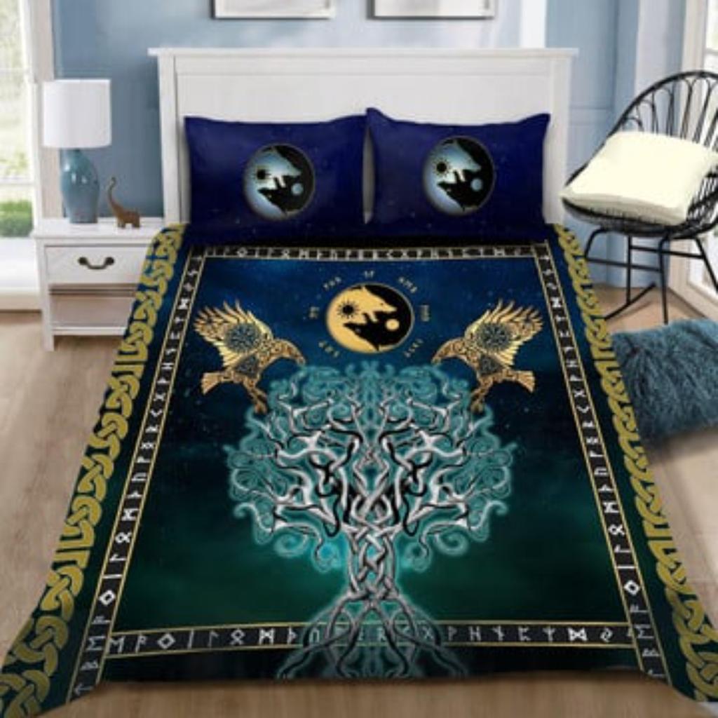 Hemtextilier Tmarc Tee Viking Sängkläder , Tree of Life Fenrir Skoll och Hati Raven Rune Örngott