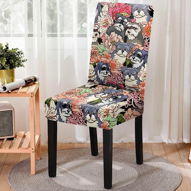 Stuhlhusse für Esszimmerstühle mit niedlichem Tier-/Hunde-Print, dehnbar, elastischer Stuhlbezug mit Blumenmuster, Sitzbezug für Küchenhocker, Heim- und Bankettdekor