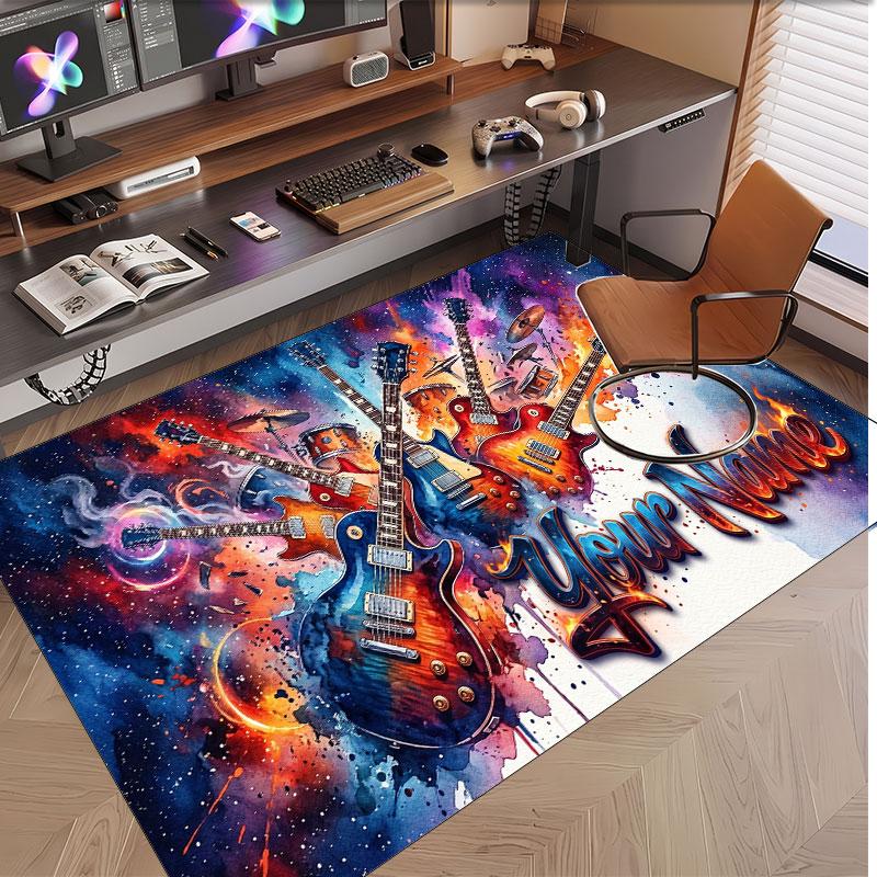 Music Guitar Theme Soft Crystal Velvet Rug Custom Name & Text Print Non Slip Floor Rug for Bedroom Living Room