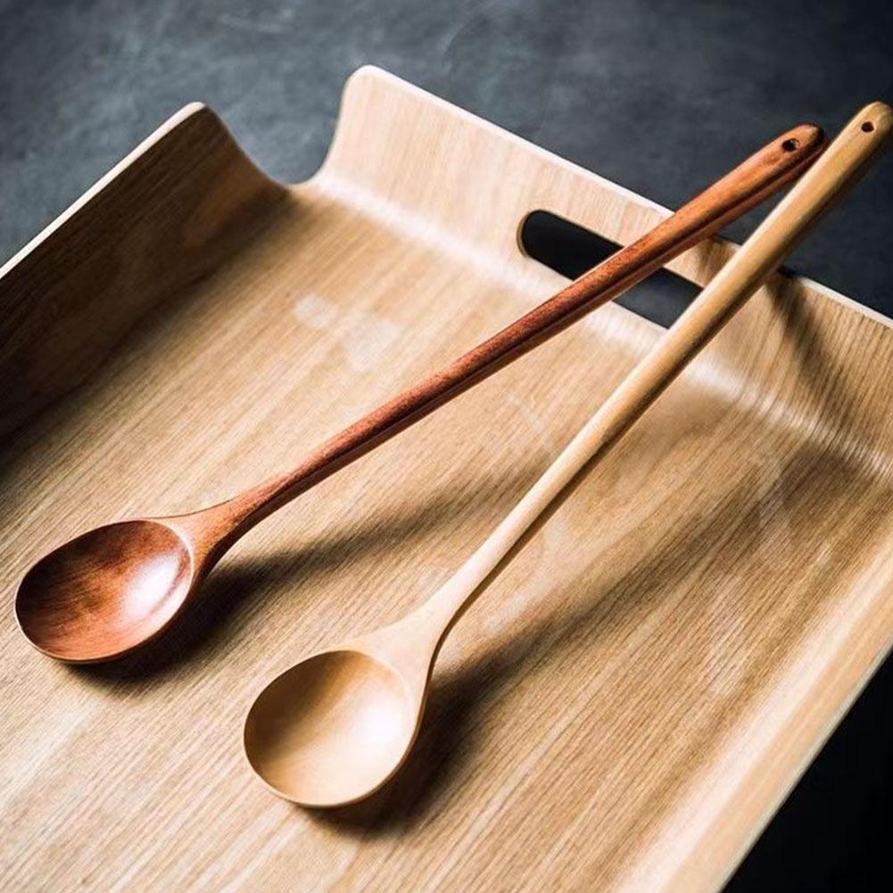 Wooden Spoon With Long Handle Serving Utensil Japanese Style Oval Soup Spoon for Eating Mixing Stirring Cooking Baking
