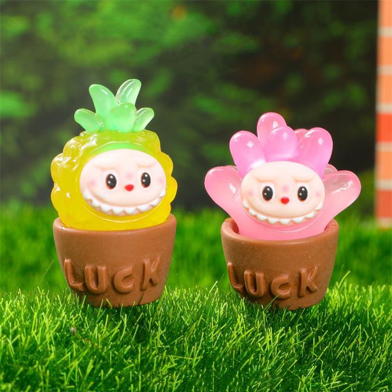 3Pcs/Bag Cartoon Cute Labubu Potted Plants Luminous Ornaments Mini Doll Diy Accessories Car Home Decoration Dollhouse Toys Gifts