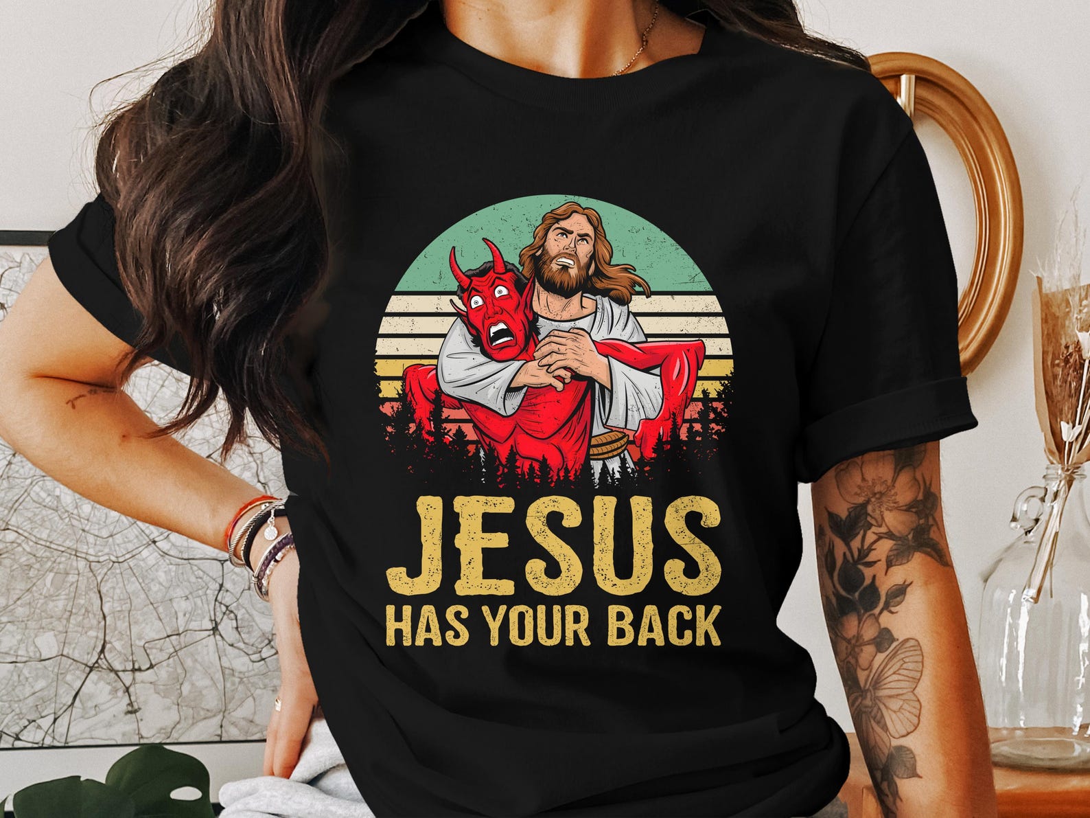Jesus Has Your Back T-Shirt, Christian Faith Tee, God Religion Shirt, Jesus Devil Graphic Shirt, Christianity Apparel, Gift Idea 3XL