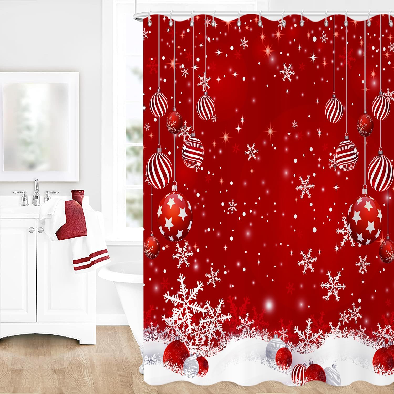 

Red Glitter Snowflakes Christmas Shower Curtain, Waterproof Xmas Winter Party Bathroom Decor For Festive Holiday Celebration W60H190(CM)-1 Pcs