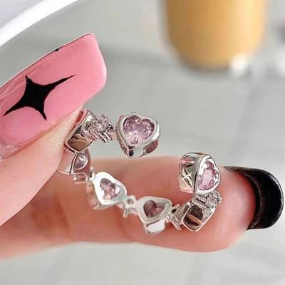 Women Ring Pink Rhinestone Geometric Faux Crystal Adjustable Smooth Dress Up Item Love