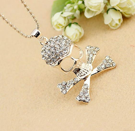 Rose Gold Rhinestone Skull Long Necklace C135