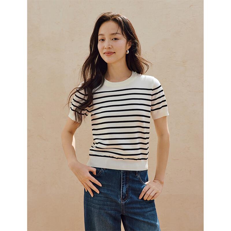 INMAN Women's Ice Silk Striped Knit Short Sleeve Top with Detachable Shawl