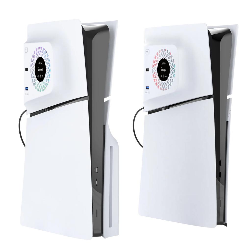 RGB-Lüfter mit Plattenabdeckung für PS5 Slim Digital/Disc, Automatische Geschwindigkeitsanpassung durch Temperatursensor, 3 Lüftergeschwindigkeiten manuell & USB3.0-Hubs, Kühlsystem