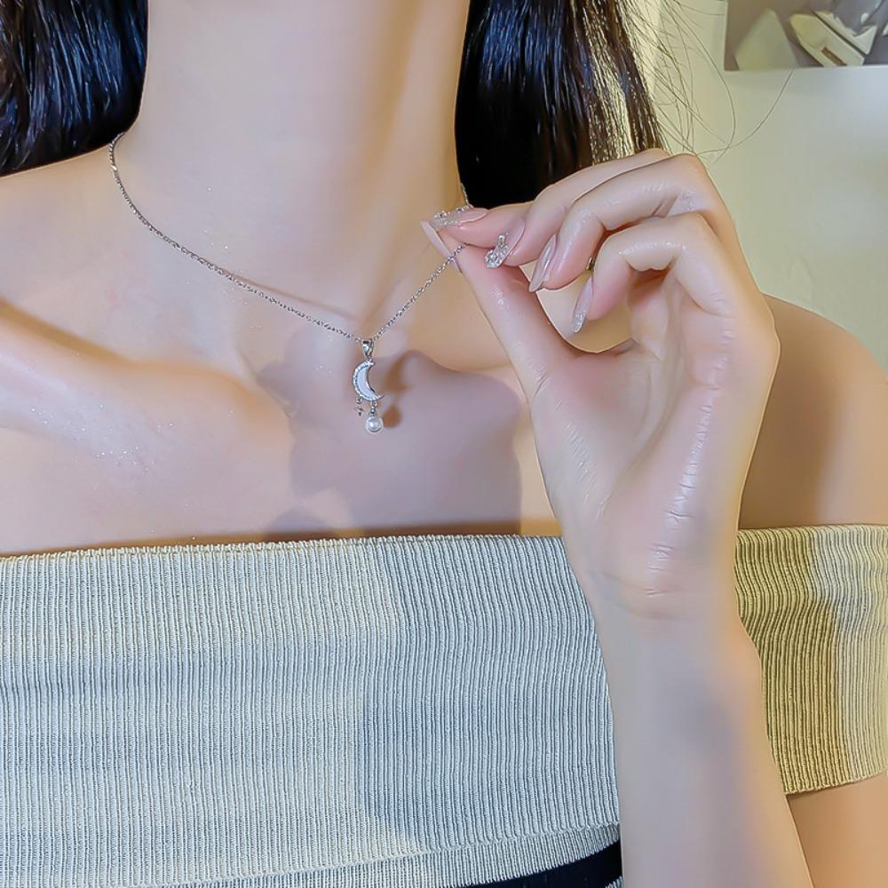 2026 Dreamy Moon Star Pearl Pendant Necklace - Gold Plated Zircon Celestial Tassel Collarbone Chain for Women Elegant Jewelry