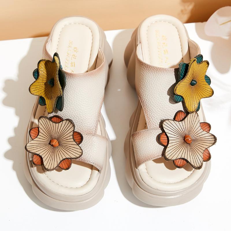 

Fashion GKTINOO Genuine Leather Sandals Floral Women Slippers Summer Shoes Platform Outside Slides Thick Soles Leisure Ladies Slippers 5