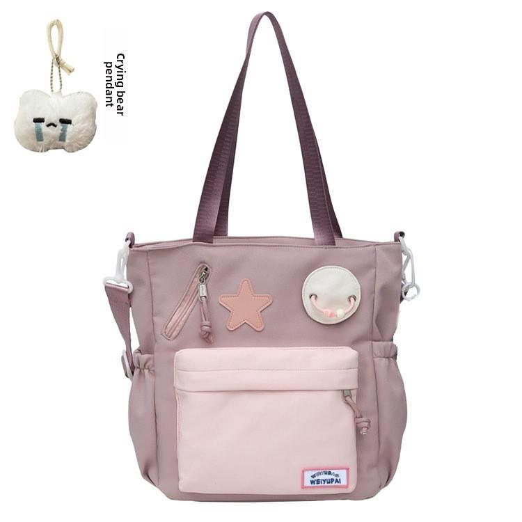 Blocked Cute Color Star Collage Student Backpack And Shoulder Bag With Pendant