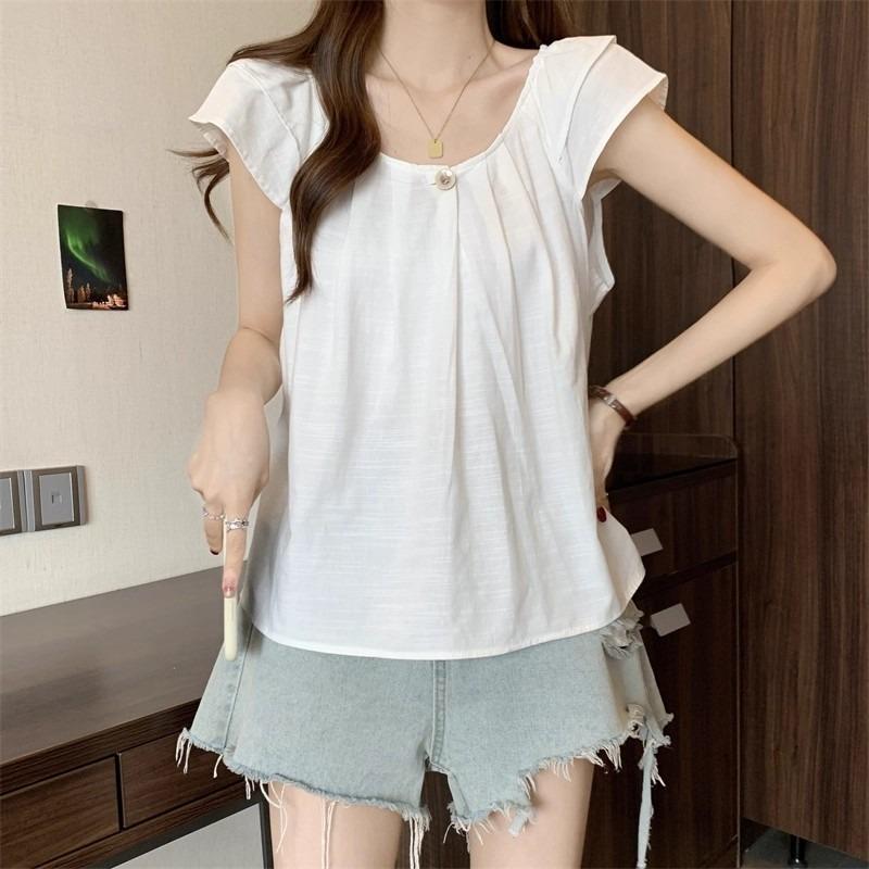 Women Summer New Loose Fit Blue Pleated Baby Doll Ruffle Sleeve Casual Blouse Shirt