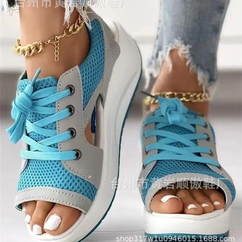 Sandals Women's Summer New Fashion Fish Mouth Sandals Lace-up Wedge Heel Rocking Bottom Sports Sandals