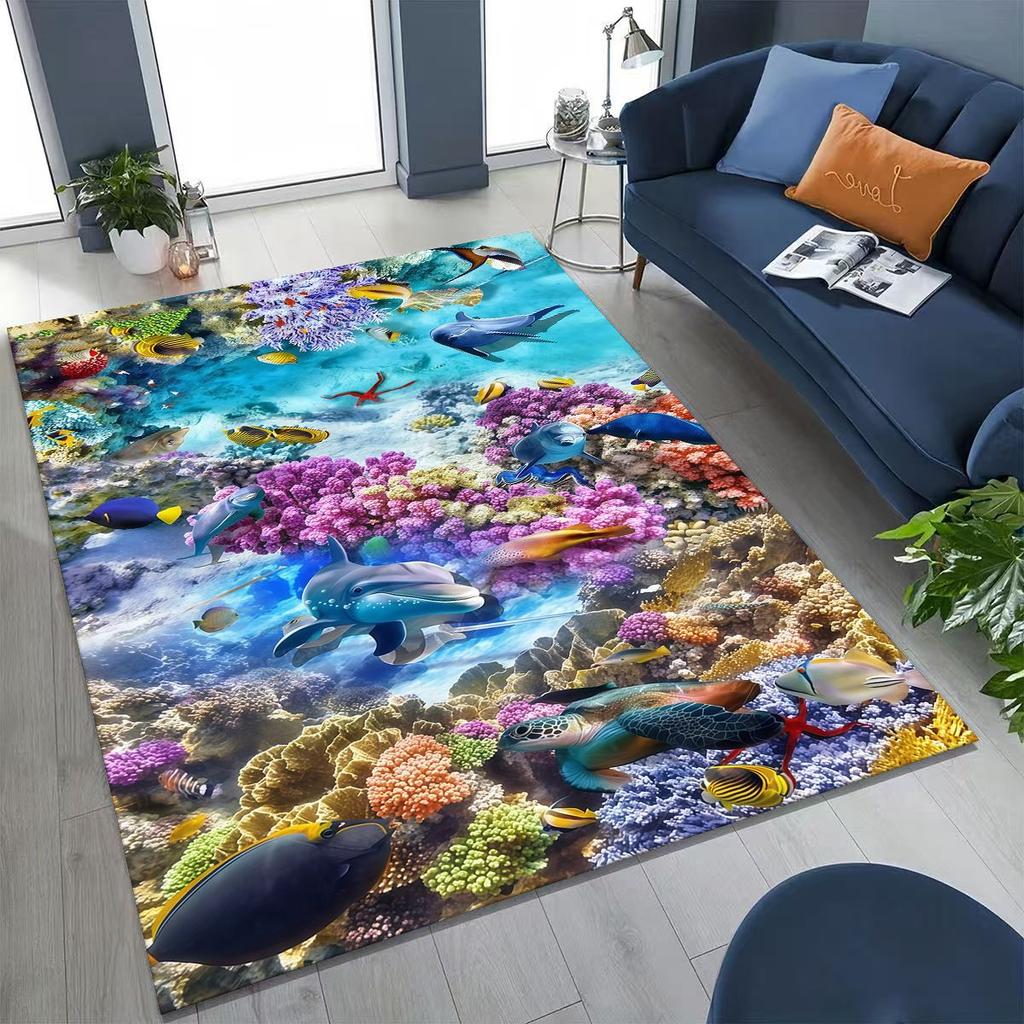 Underwater World Sea Dolphin Turtle Coral Rug for Bedroom Living Room Sofa Home Doormat Decor,Kids Non-slip Floor Mat