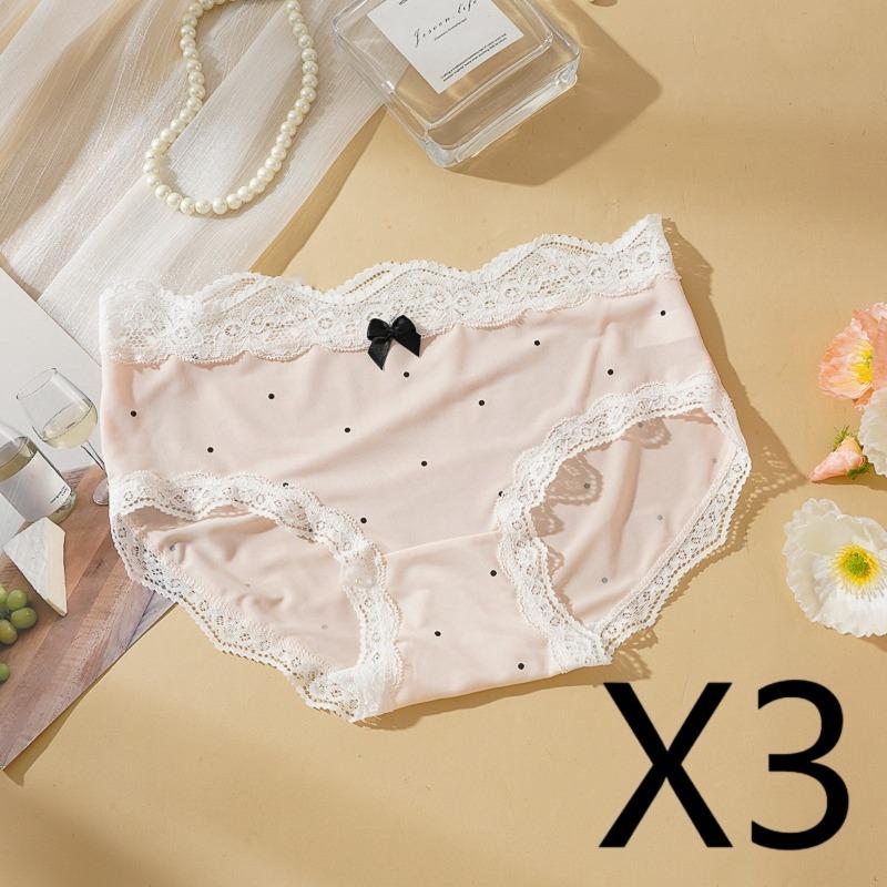 3 Pcs/Set French Lace Polka Dot Seamless Panties Women Sweet Bow Wavy Lace Edge Mid-Rise Underwear Thin Quick-Dry Briefs