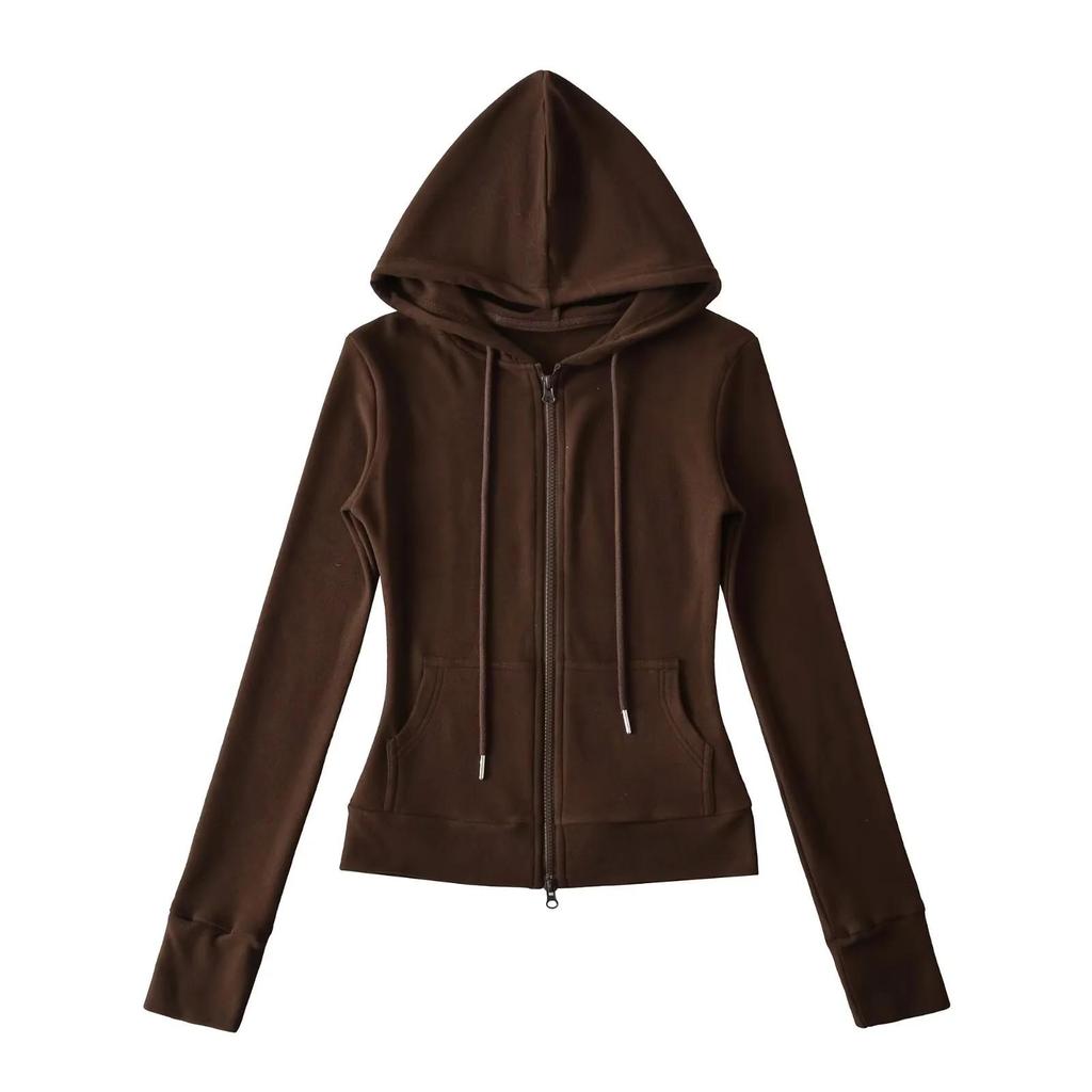 Women's American-Style Slim Fit Thermal Fleece Hoodie with Double Zippers & Large Pockets for Autumn/Winter Yoga