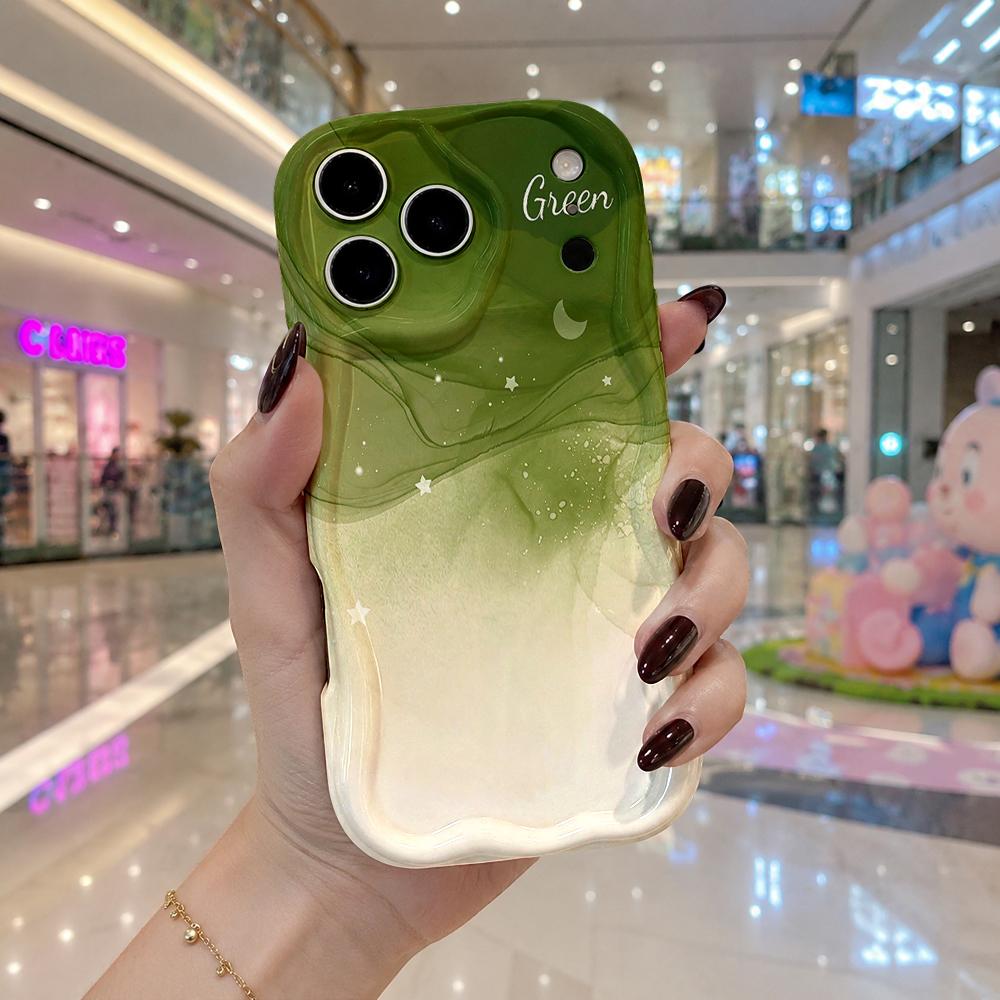 Gradient Green Ink Fluid Moon Star Phone Case For iPhone 16 15 14 Pro Max 13 12 Wavy Edge Soft Cover