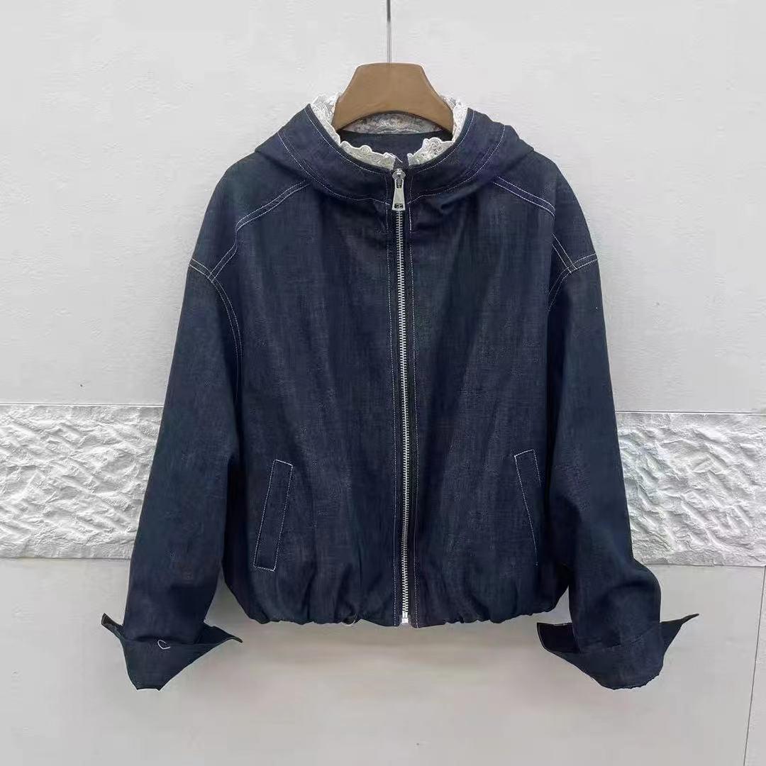 

2025 Европейская весенняя джинсовая куртка с капюшоном и кружевной отделкой для женщин - Свободный крой, Модный дизайн XL джинсовый синий