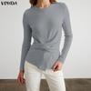 VONDA Women Casual Round Neck Long Sleeve Plain Front Cross Rib Blouse