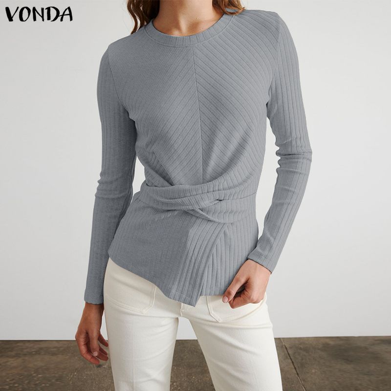 VONDA Women Casual Round Neck Long Sleeve Plain Front Cross Rib Blouse