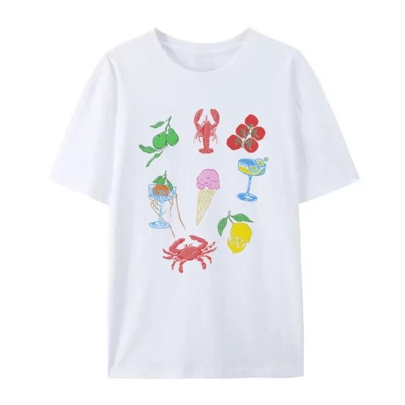 Italienisches Essen Hummer Meeresfrüchte T-Shirt Damen Retro Cocktail Frucht Grafik T-Shirt Sommerurlaub Top Herbst- und Winterunterwäsche
