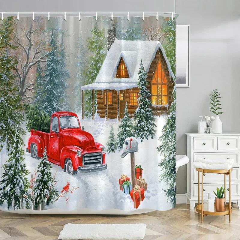 Xmas Decorative Shower Curtains Fireplace Christmas Tree Winter New Year Gift Bathroom Decor Fabric Bath Curtian Hanging