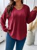 2025 Autumn/Winter V-Neck Plus Size Women's Hooded Ribbed Long Sleeve T-Shirt