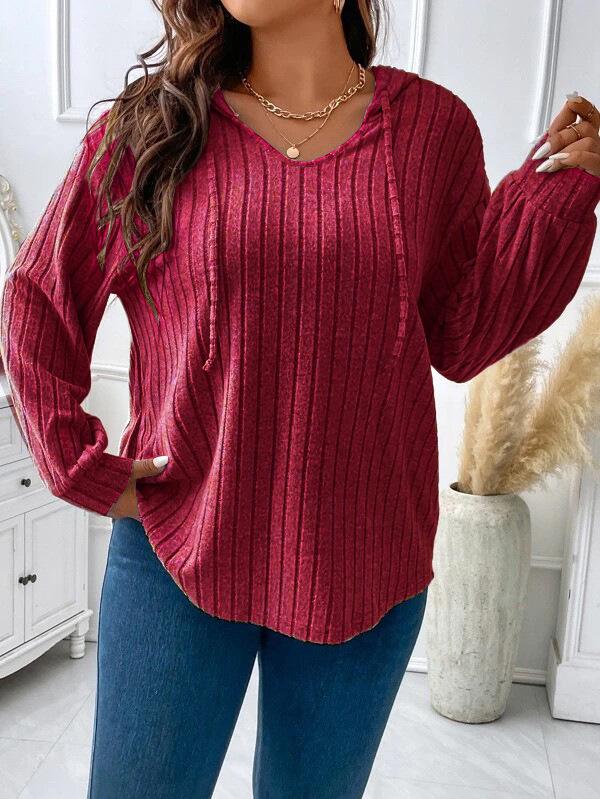 2025 Autumn/Winter V-Neck Plus Size Women's Hooded Ribbed Long Sleeve T-Shirt
