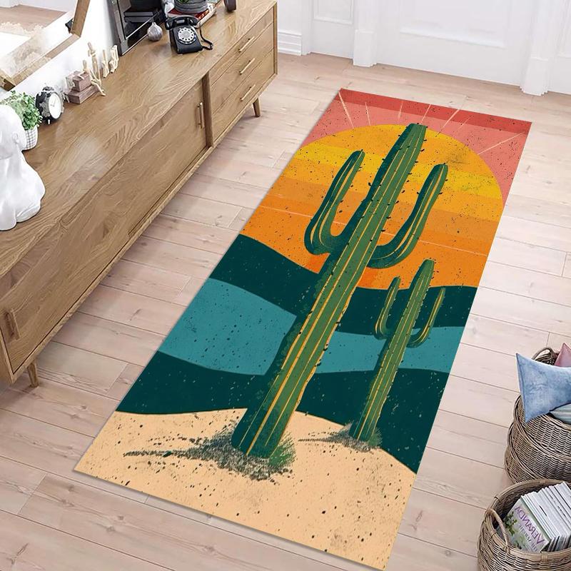 

Retro Sunset Cactus Long Runner Rug Vibrant Color-block Print Durable Wear-resistant Non-slip Carpet for Hallway Entryway 40X120CM